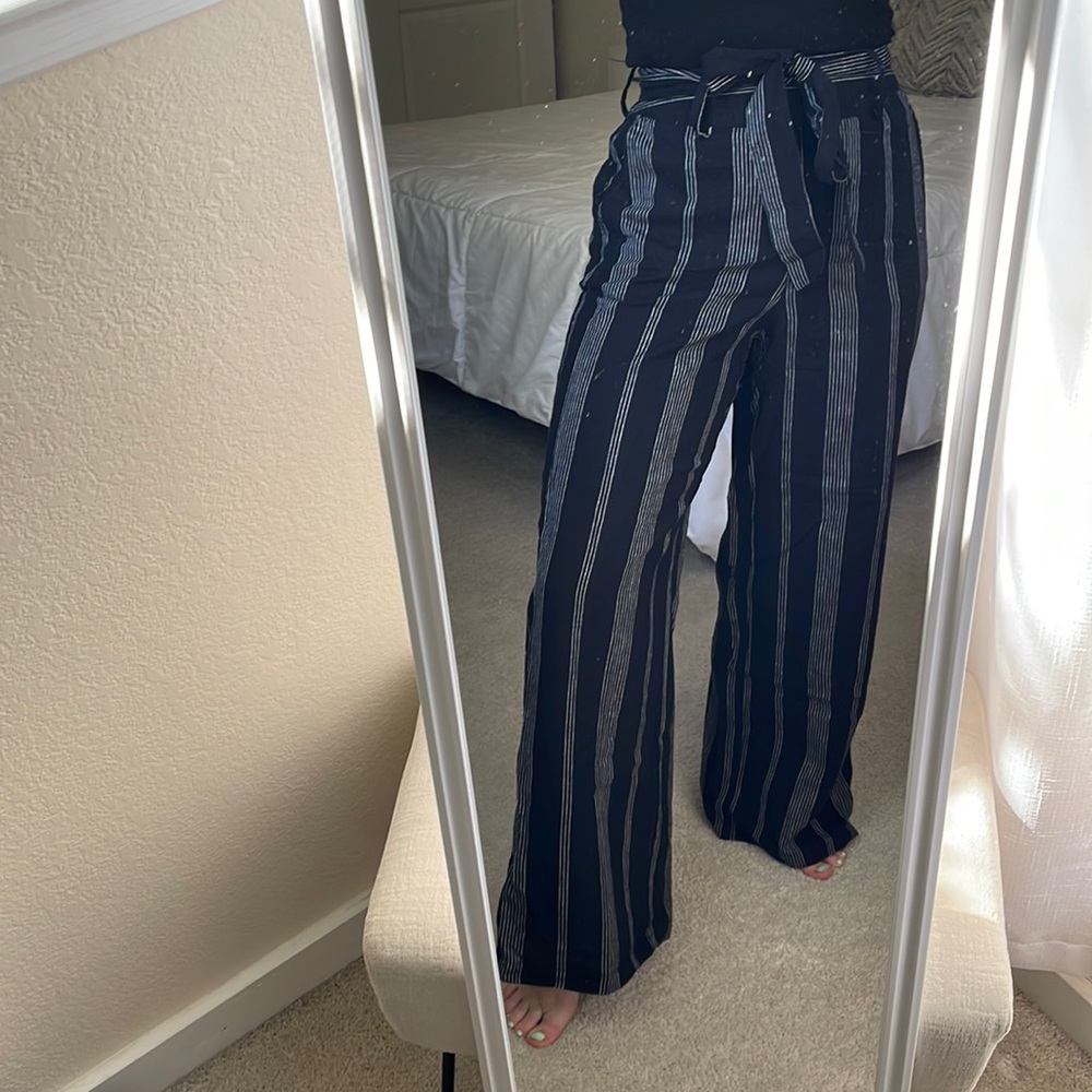 A New Day Linen Striped Linen Pants High Waisted Tie Waist w/ Pockets